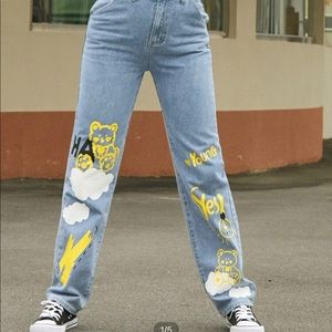 High Waist letter and Cartoon Graphic Jeans